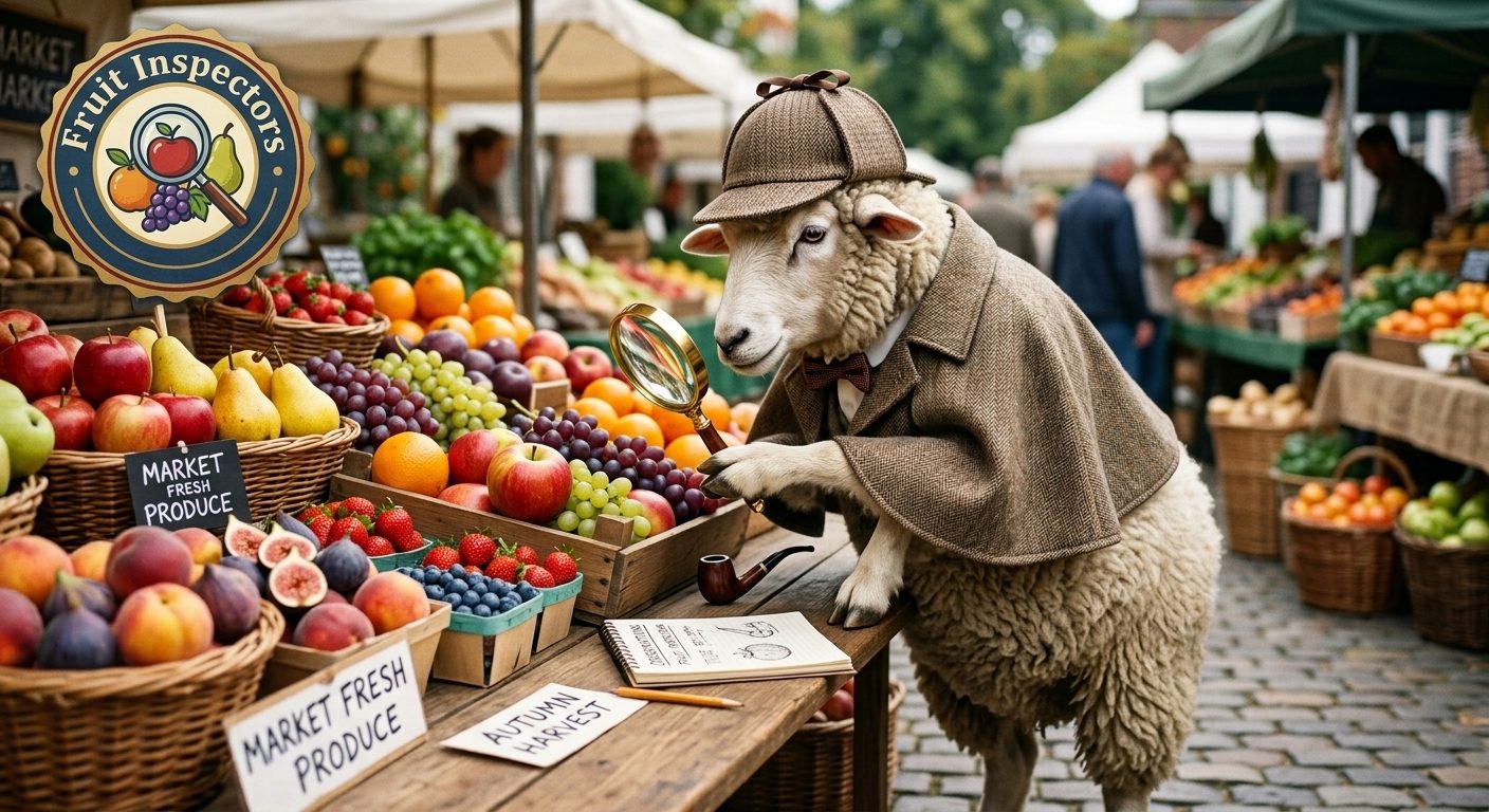 Fruit Inspectors logo over a sheep dressed as a detective, inspecting fruit at a market stall with a magnifying glass.